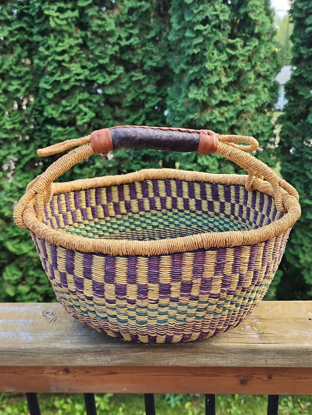 BOLGA Handwoven Multi-Color Market Basket with Leather-Wrapped Handle